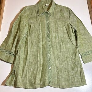 Db Life Green Half Sleeve Lace Button Up Shirt 100% Linen C9